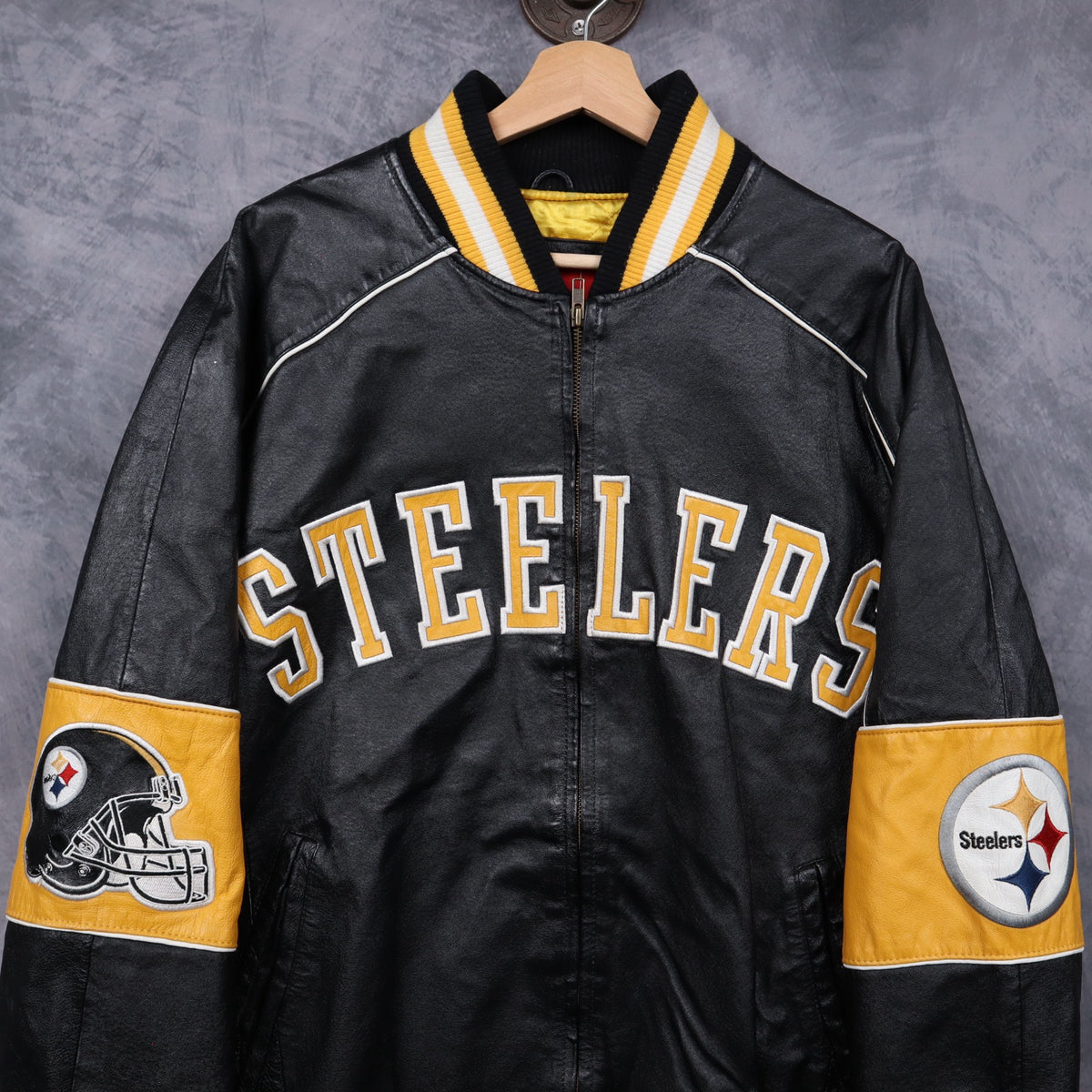 00s Black Pittsburgh Steelers Leather Bomber Jacket 6496