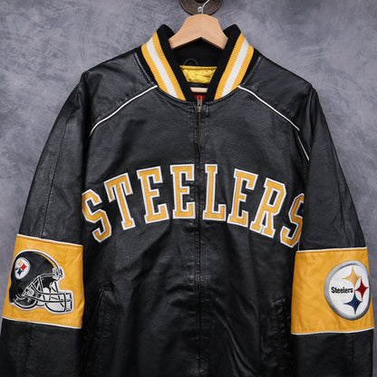 00s Black Pittsburgh Steelers Leather Bomber Jacket 6496
