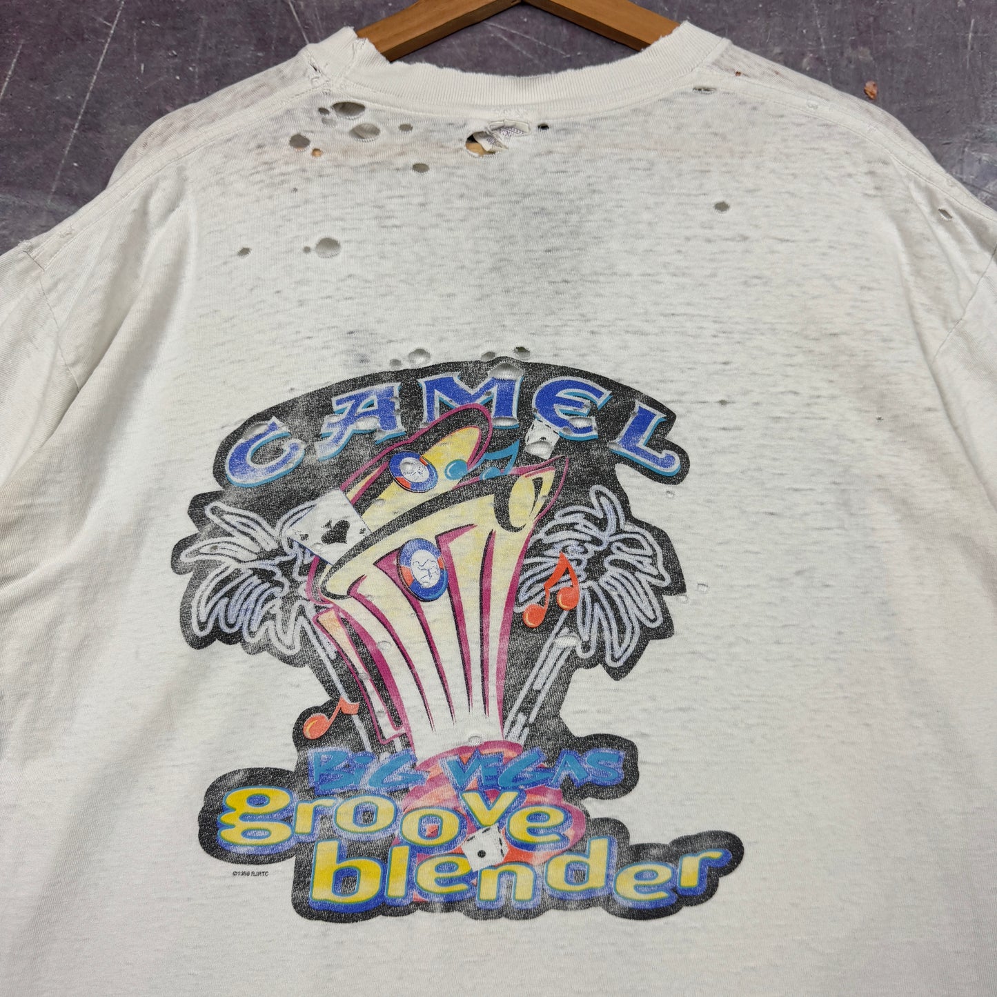 90s White Thrashed Camel Cigarettes Groove Blender Graphic Pocket Shirt XL 1032