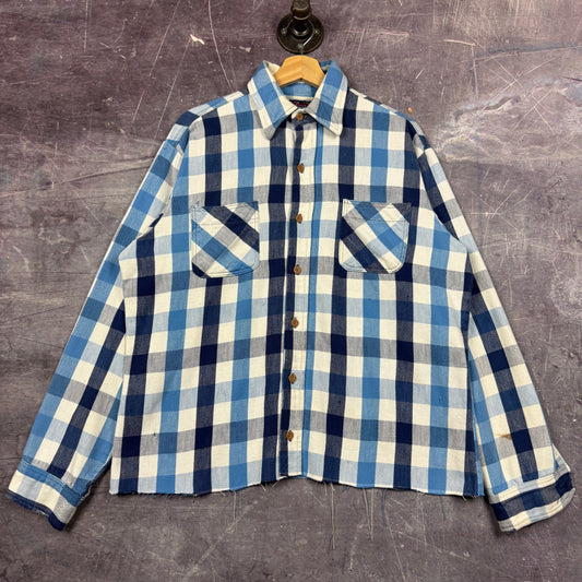 90s Big Mac Blue White Cropped Cotton Plaid Flannel Shirt L 0539