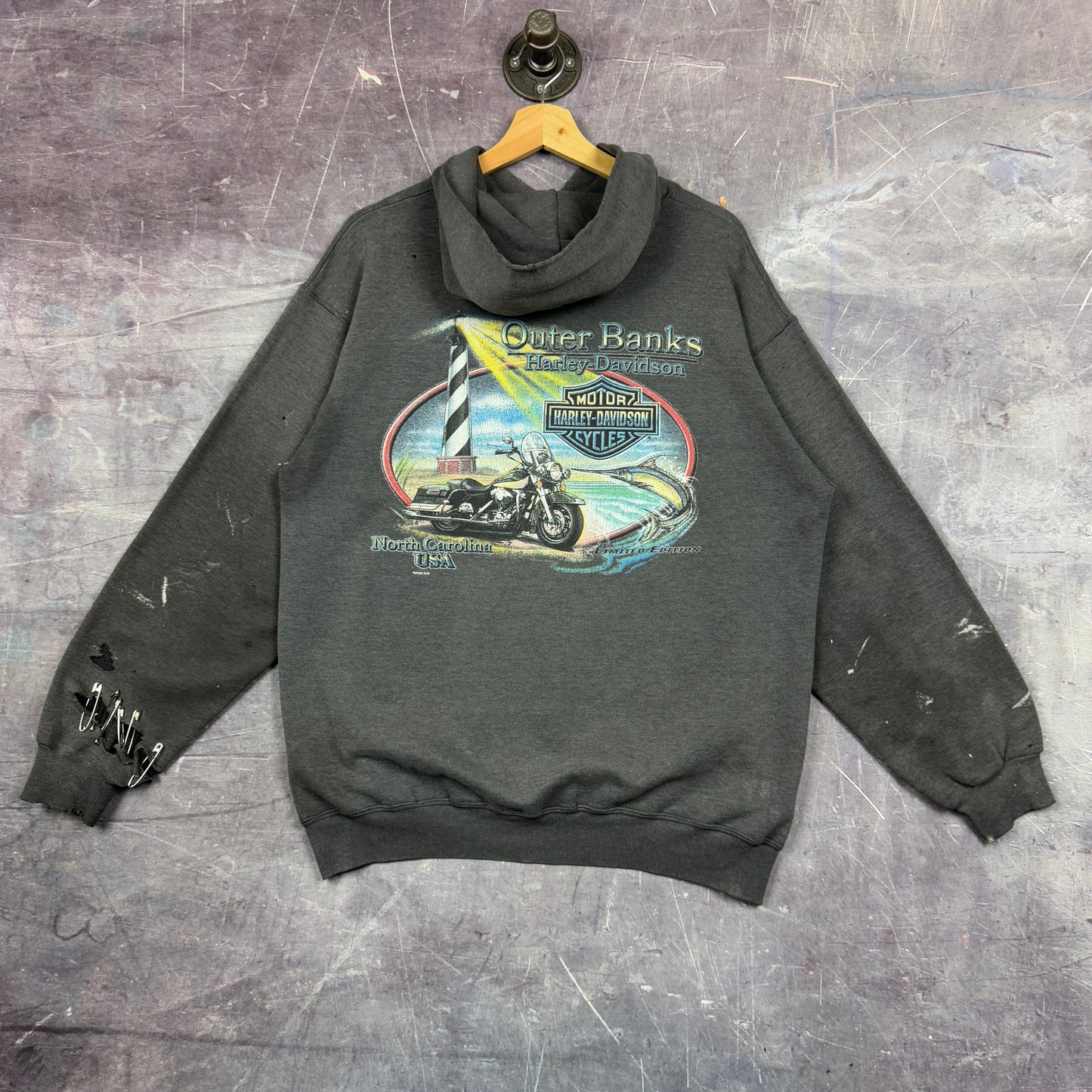 90s Faded Black Thrashed Outer Banks North Carolina Harley Davidson Motorcycle Graphic Hoodie L 1277