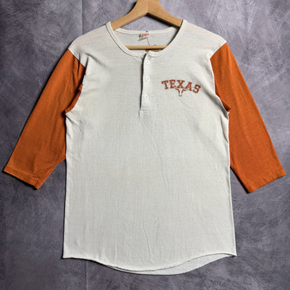 80s White Texas Longhorns Henley Baseball Shirt 4604