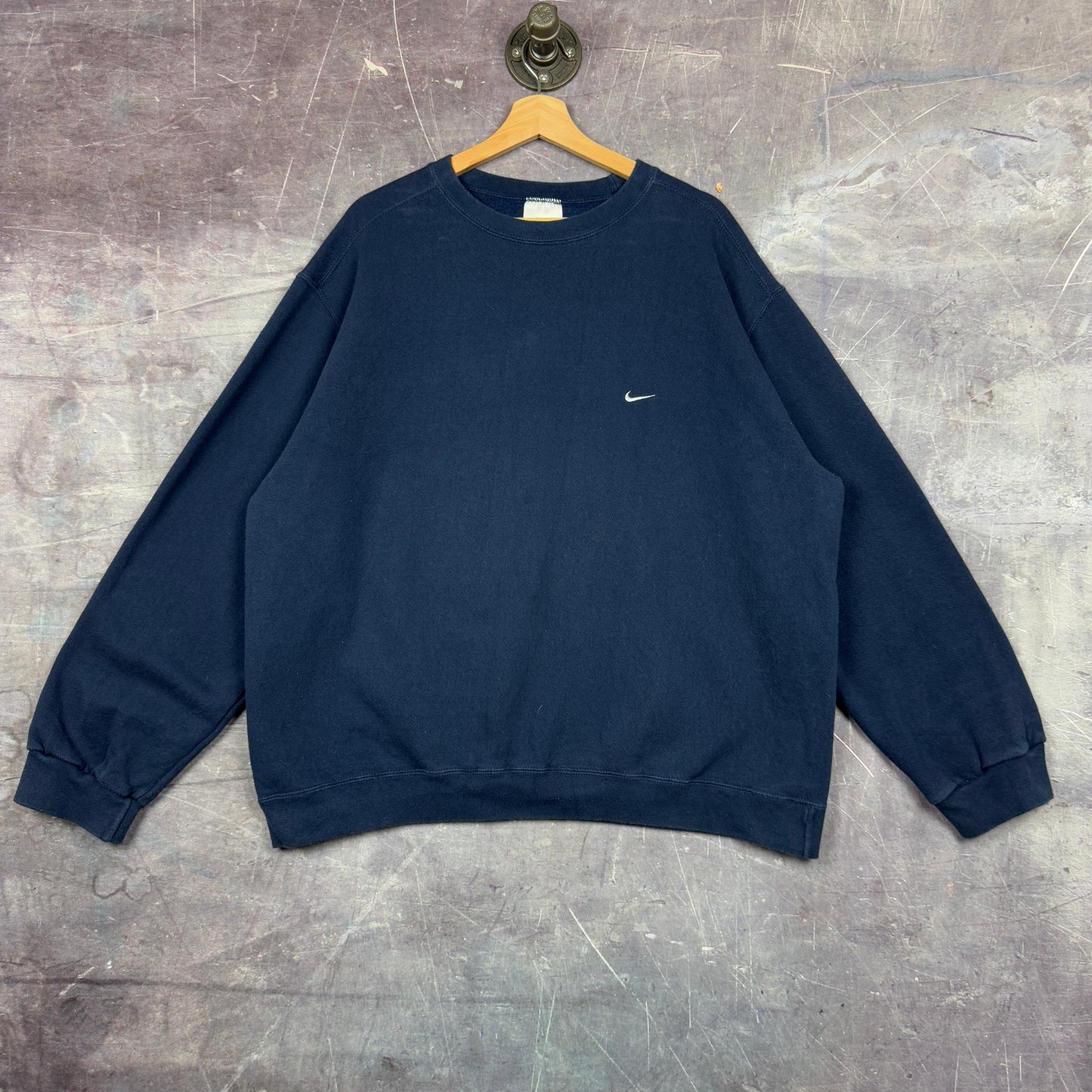 90s Navy Blue Nike Essential Mini Swoosh Logo Crewneck Sweatshirt XL 1246