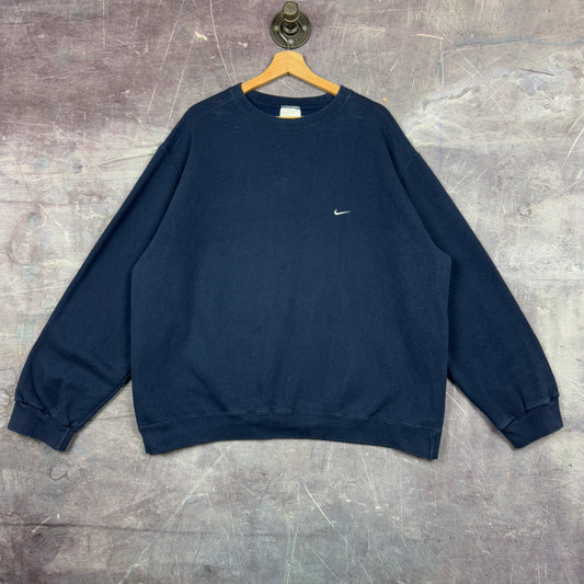 90s Navy Blue Nike Essential Mini Swoosh Logo Crewneck Sweatshirt XL 1246