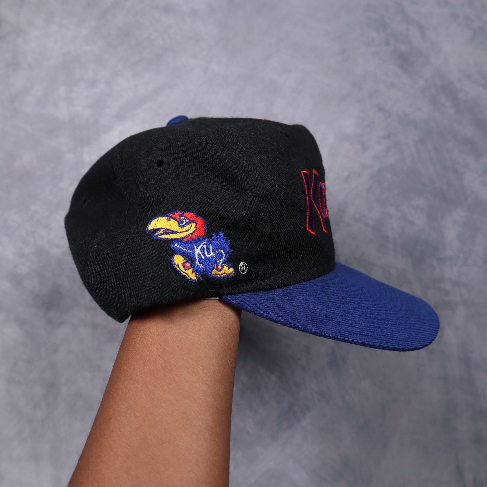 90s Black Kansas Jayhawks Script Snapback Hat 5615