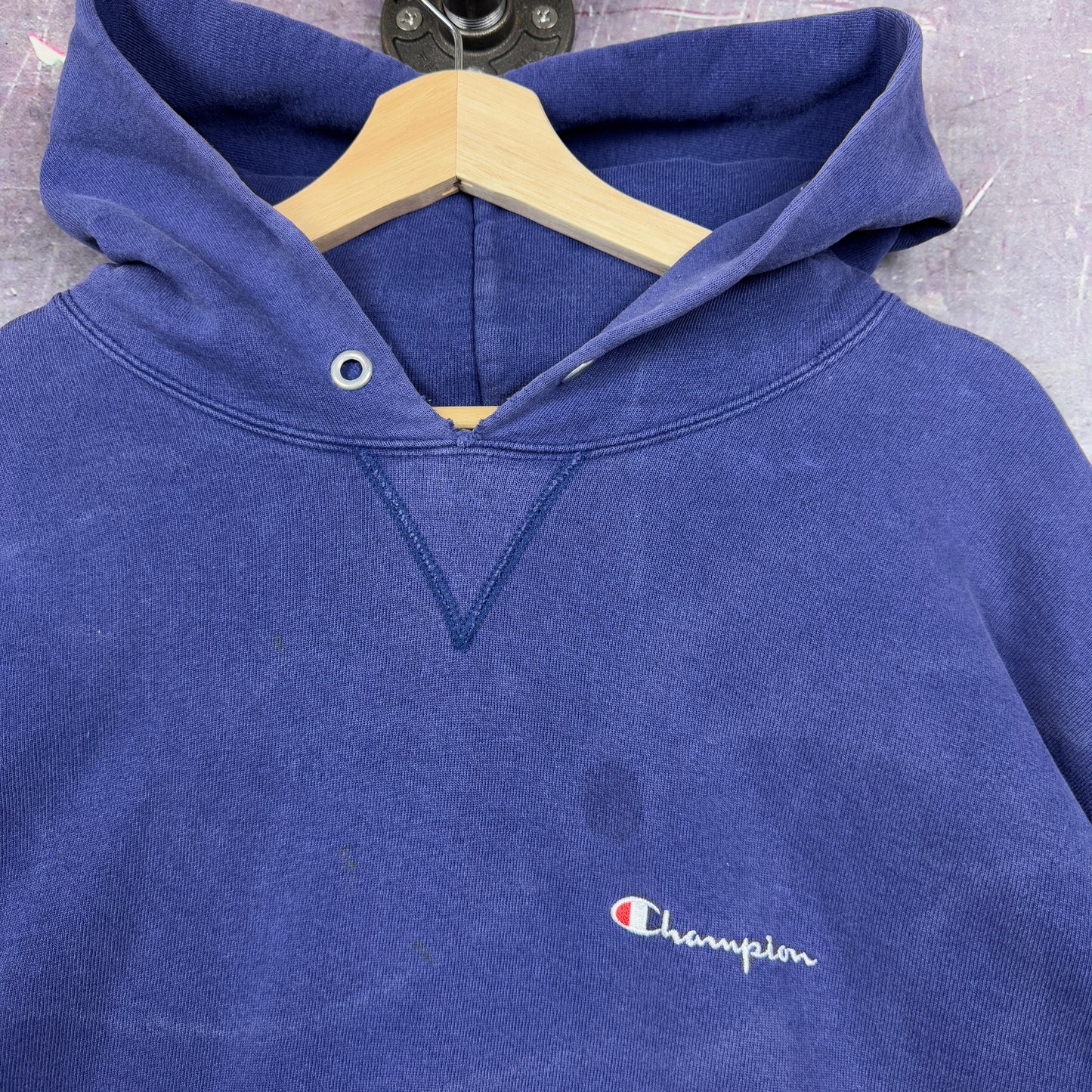 90s Faded Navy Blue Champion Essential Logo Hoodie XL 1222