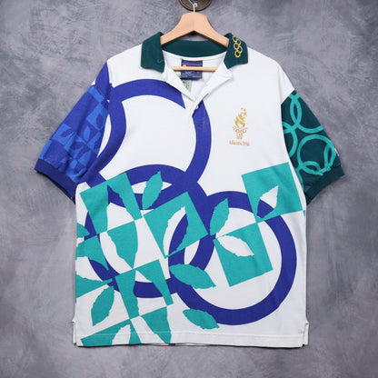 1996 White Atlanta Olympics All Over Print Polo Shirt 5590