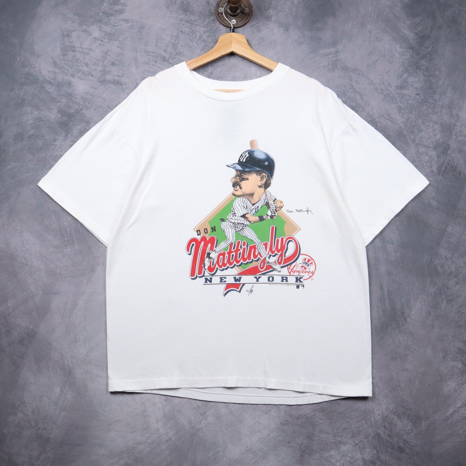 1988 White Don Mattingly Salem Yankees Caricature Shirt 5596