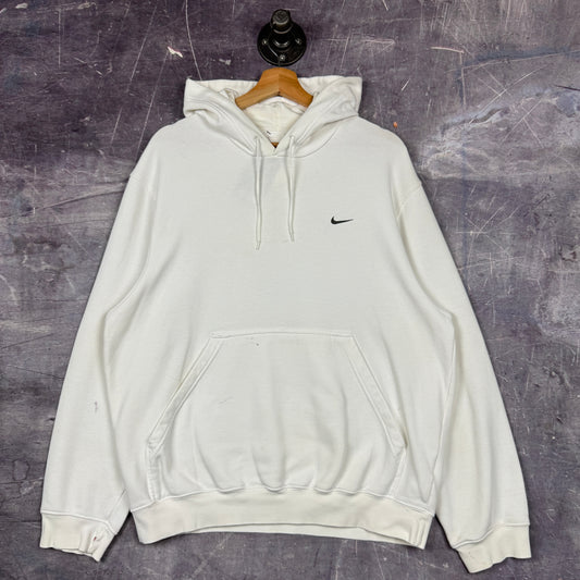 Early 00s White Nike Mini Swoosh Essential Logo Hoodie L 0015