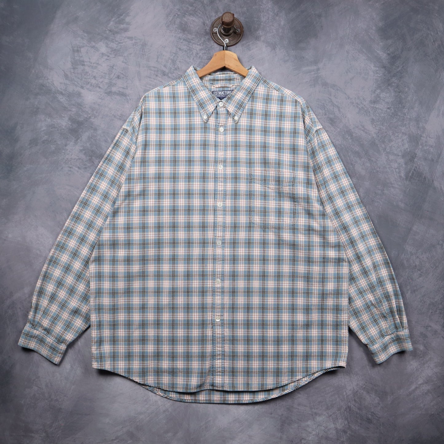 90s Light Blue Structure Plaid Long Sleeve Button Up Shirt 5532
