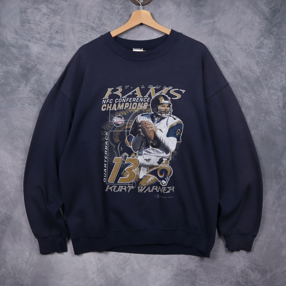 2002 Navy Blue St. Louis Rams Kurt Warner NFC Champions Crewneck Sweatshirt 6482