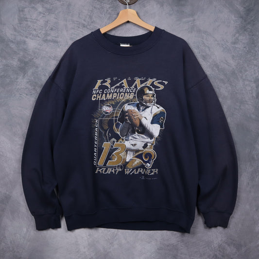 2002 Navy Blue St. Louis Rams Kurt Warner NFC Champions Crewneck Sweatshirt 6482