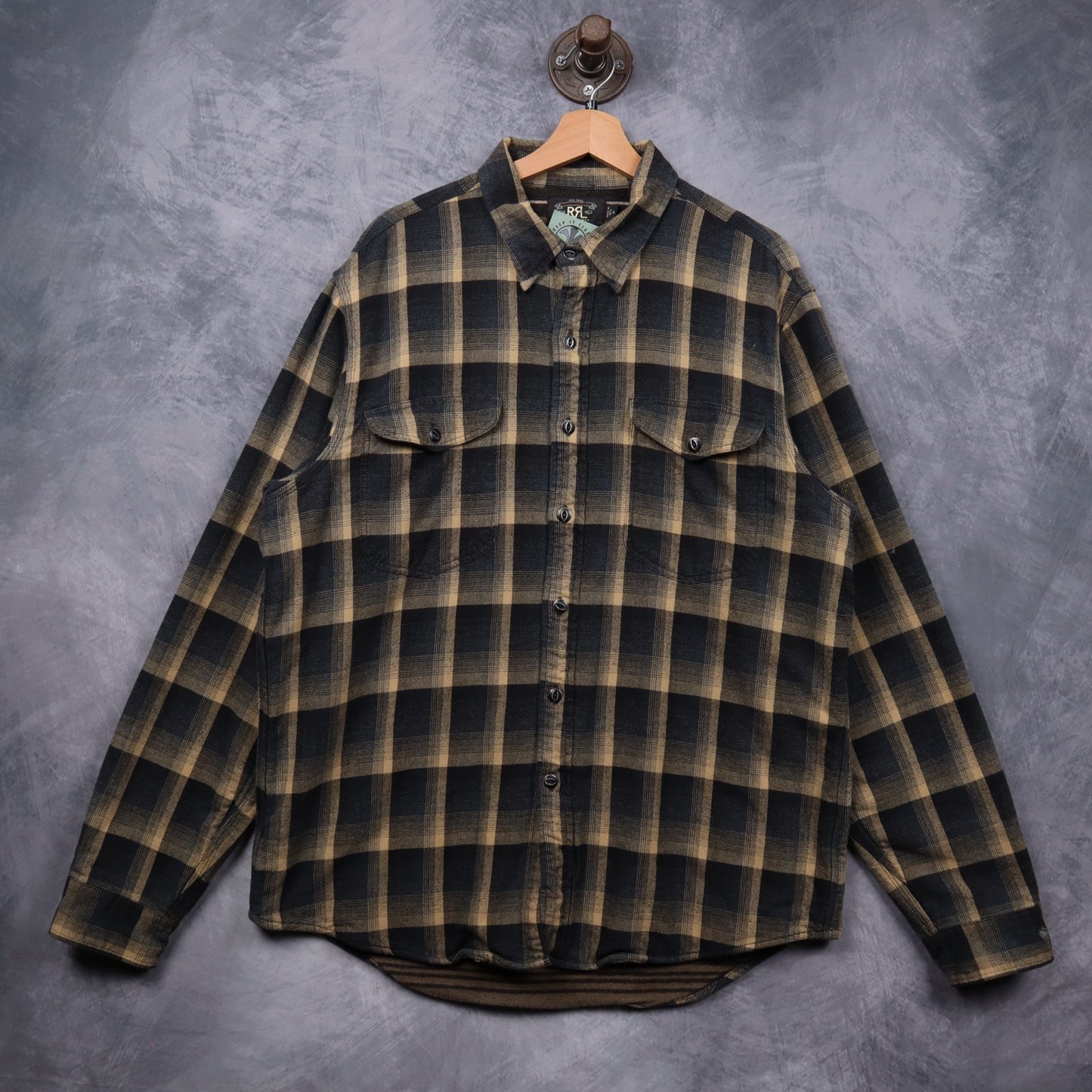00s Black & Tan RRL Ralph Lauren Two Ply Thick Plaid Flannel 5485