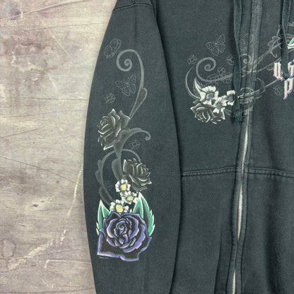 Early 00s Faded Black Flower Two Wheeled Passion Graphic Zip Up Hoodie L 1228