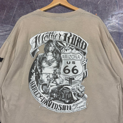 00s Tan Brown Harley Davidson Motorcycle Graphic Long Sleeve Shirt XL 1054