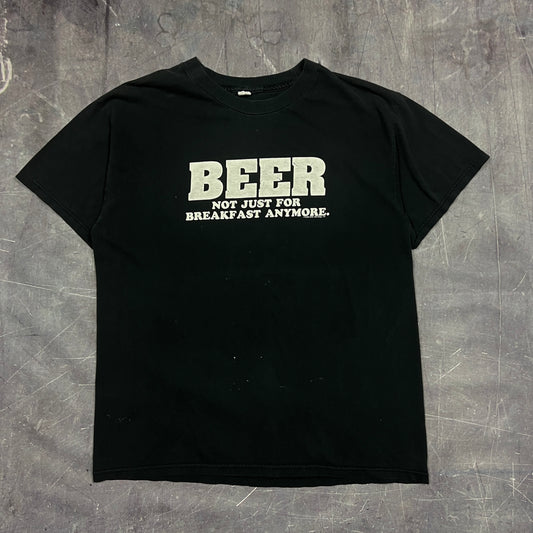 Early 00s Black Text "Beer Not Just For Breakfast Anymore" Quote Shirt L AQ94