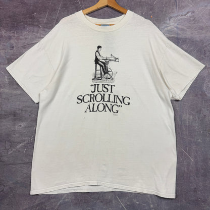 90s White Just Scrolling Away Graphic Sewing Machine Art Graphic Shirt XL 1033