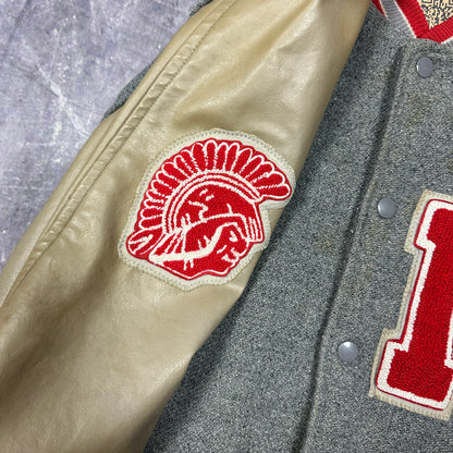 80s Gray Red Tan M Indian Head Letterman Varsity Jacket XL X35