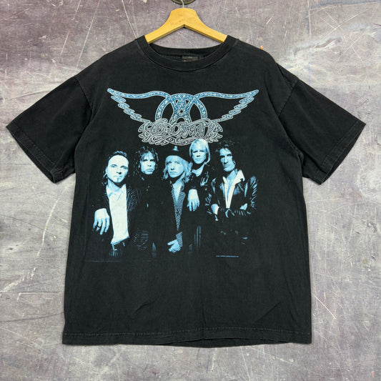 1997 Black Aerosmith Nine Lives World Tour Graphic Shirt L 1173