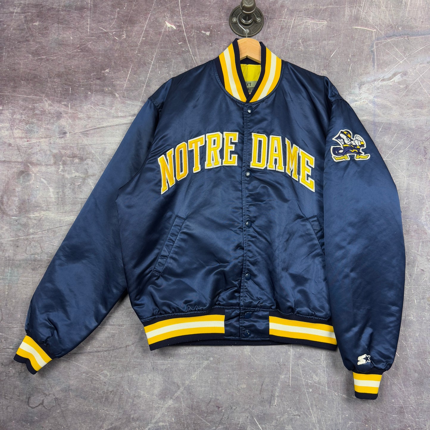 90s Blue Yellow Notre Dame Satin Start Bomber Jacket XL 1282