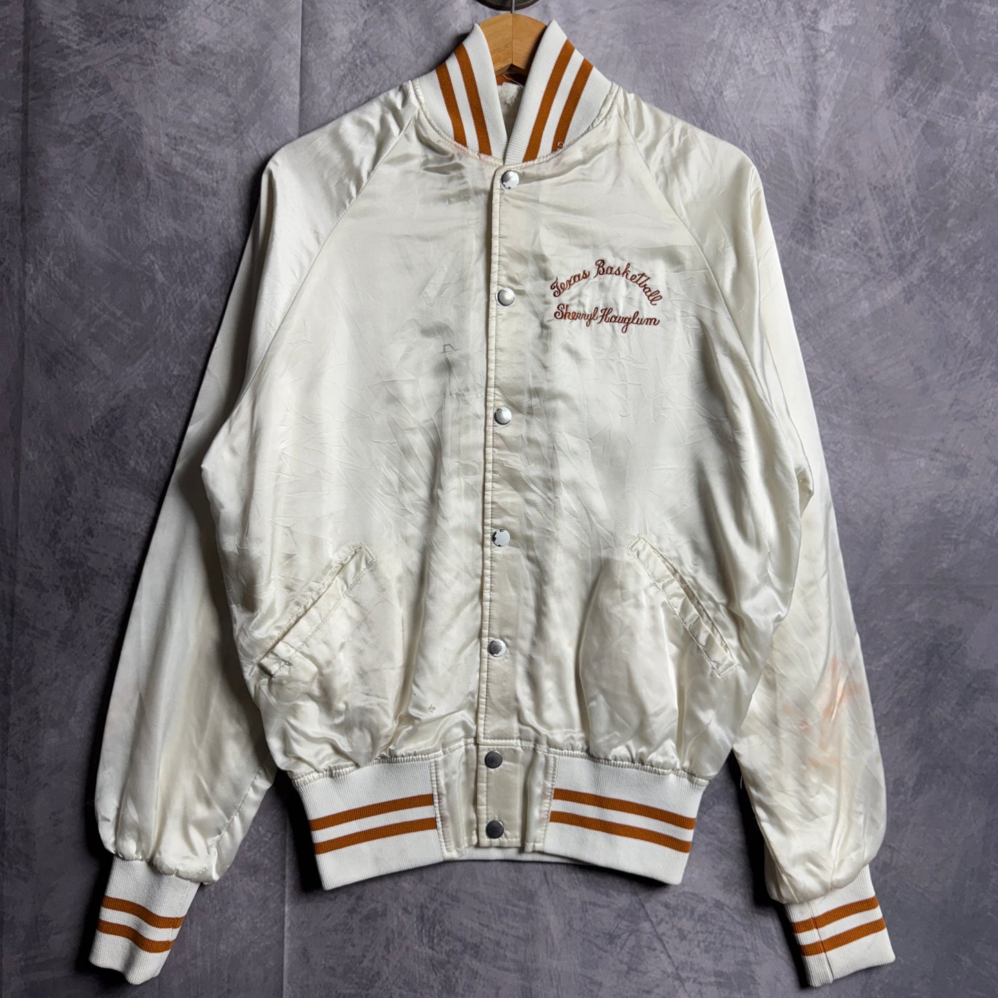 80s White Texas Longhorns Satin Bomber Jacket 4475