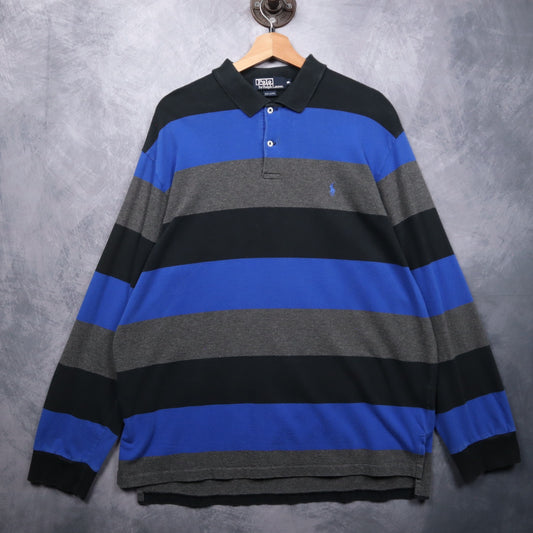 90s Blue Black Striped Polo Ralph Lauren Rugby Shirt 4720