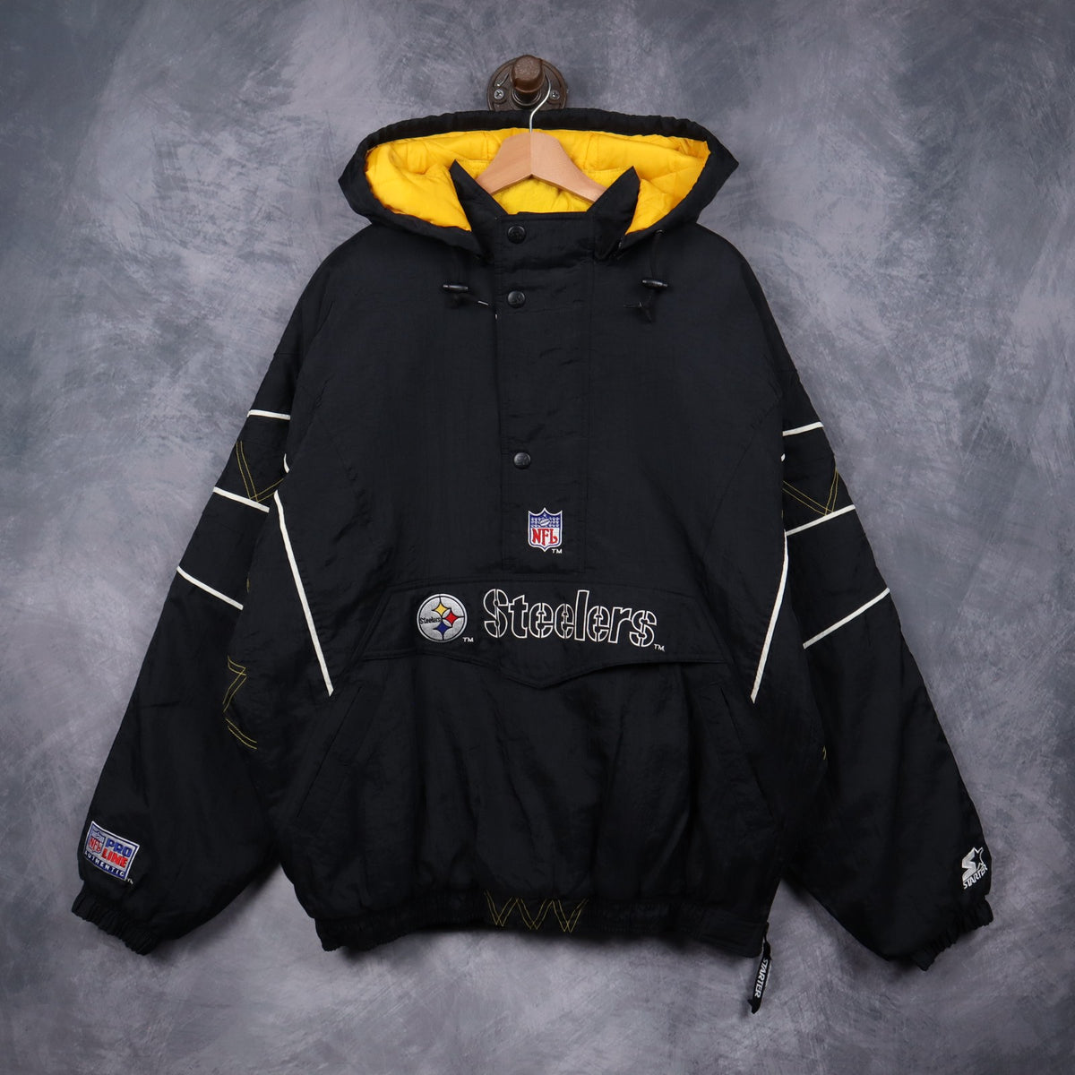 90s Black Pittsburgh Steelers Starter Pro Line Hooded Pullover Jacket 6497