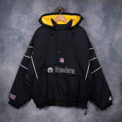 90s Black Pittsburgh Steelers Starter Pro Line Hooded Pullover Jacket 6497
