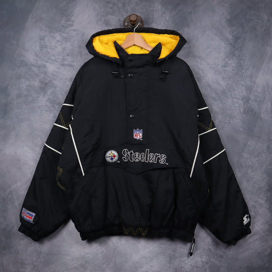 90s Black Pittsburgh Steelers Starter Pro Line Hooded Pullover Jacket 6497