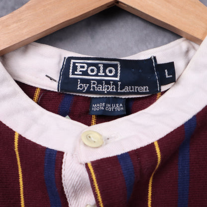 90s Burgundy Polo Ralph Lauren Striped Lion Crest Henley Long Sleeve 5425