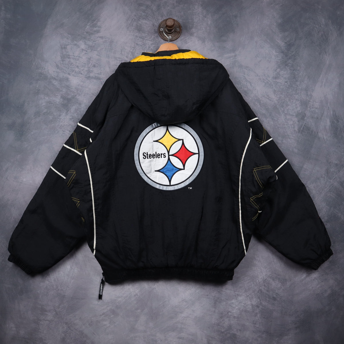 90s Black Pittsburgh Steelers Starter Pro Line Hooded Pullover Jacket 6497