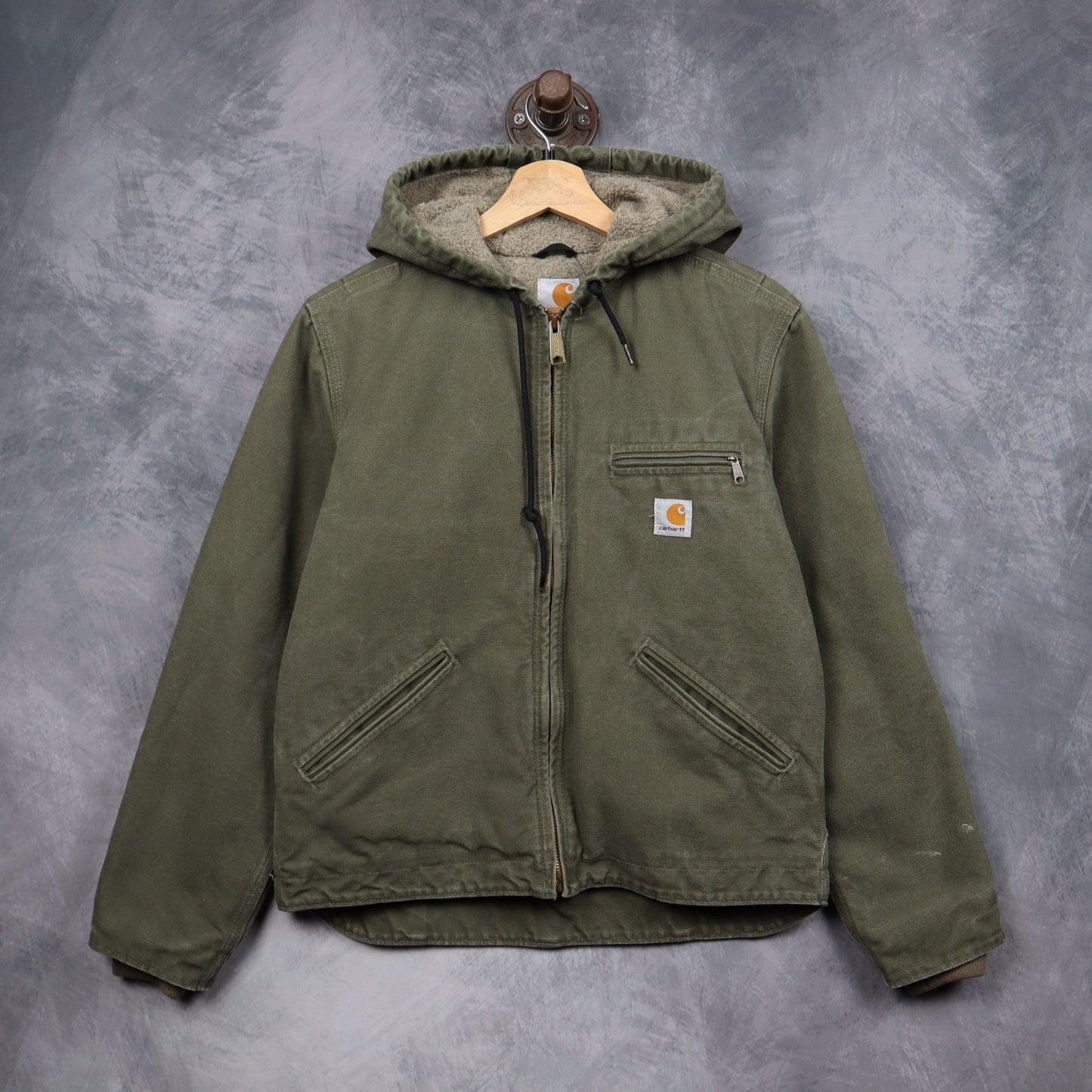 00s Olive Green Carhartt Sherpa Lined Hooded Work Jacket 4796