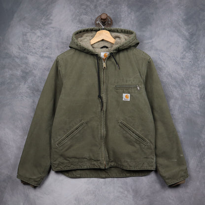00s Olive Green Carhartt Sherpa Lined Hooded Work Jacket 4796