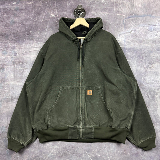 00s Faded Moss Green Carhartt Quilt Lined Hooded Active Work Jacket J25 MOS XXL 0248