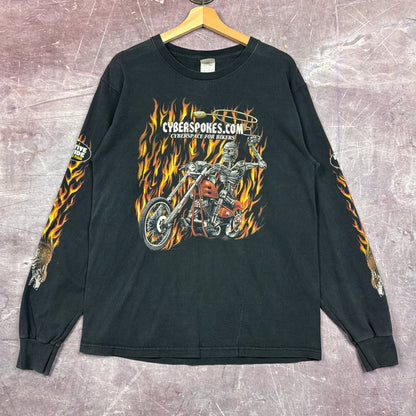 00s Black Cyberspokes Biker Flame Sleeve Shirt 3054
