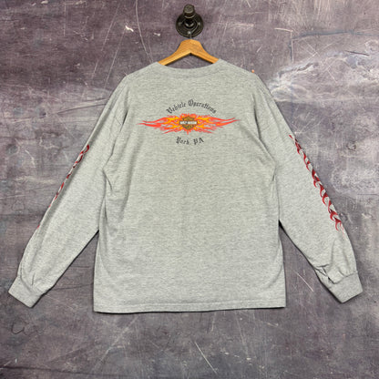 Early 00s Light Gray Harley Davidson King Of The Road Flame Sleeve Graphic Shirt L 1082