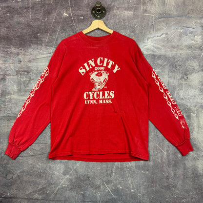 2000 Red Sin City Cycles Flame Sleeve Graphic Long Sleeve Shirt L 0966