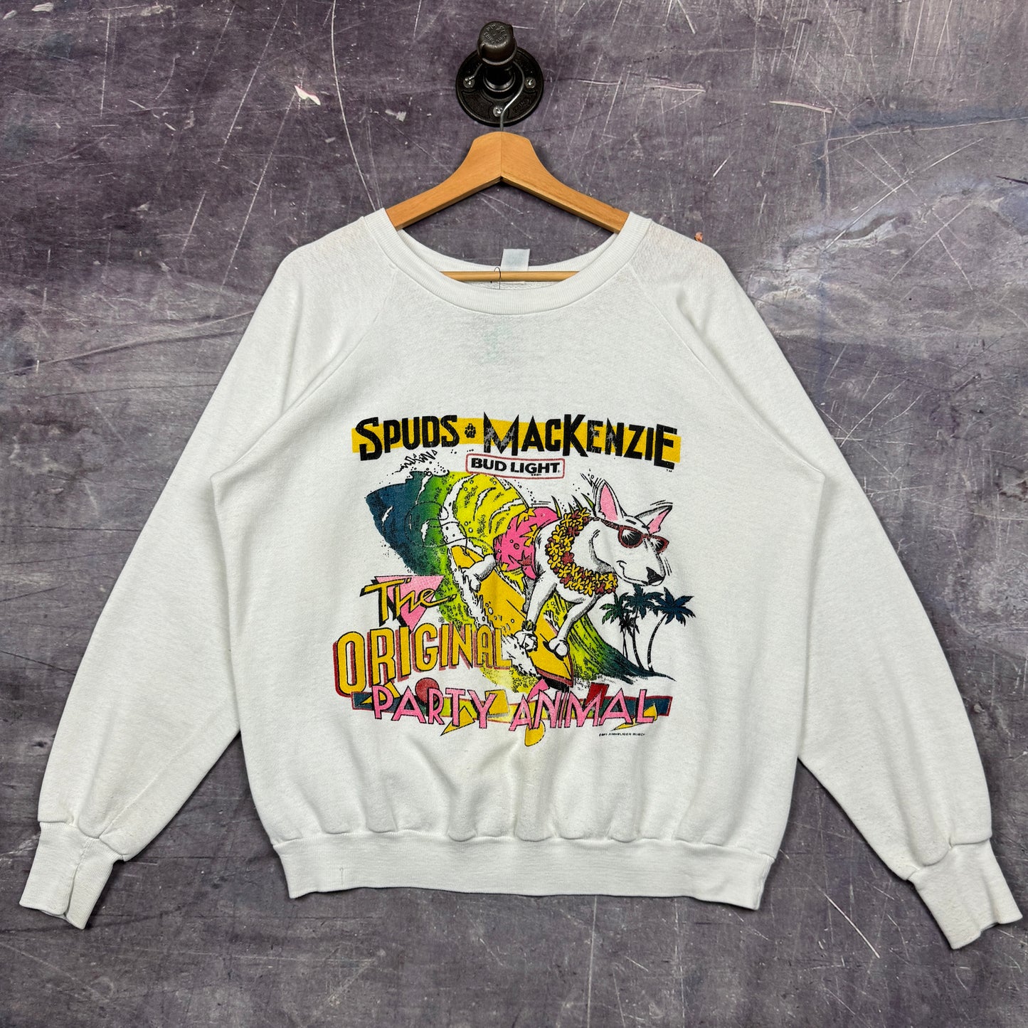 80s White Bud Light Spuds Mackenzie Party Animal Graphic Crewneck Sweatshirt M 0062