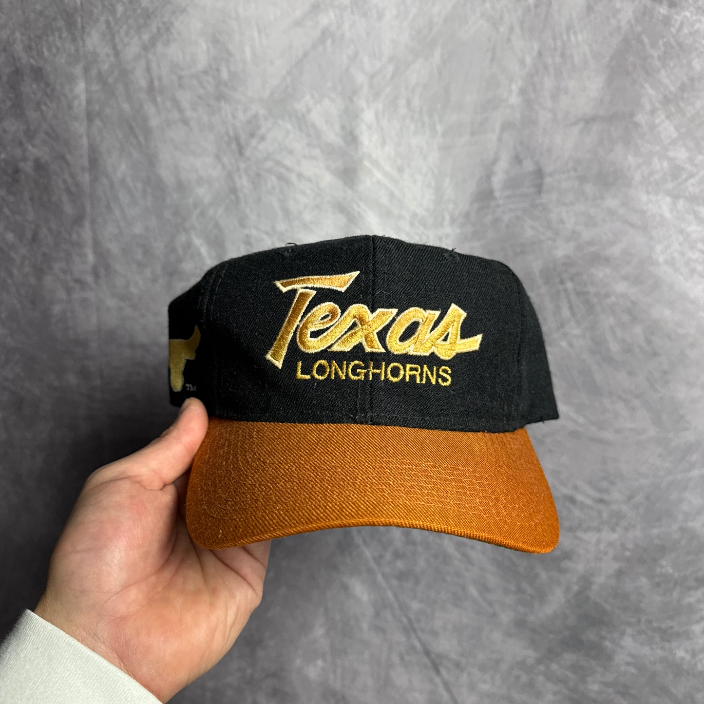 90s Texas Longhorns Sports Specialties Double Line Script Snapback Hat 4634
