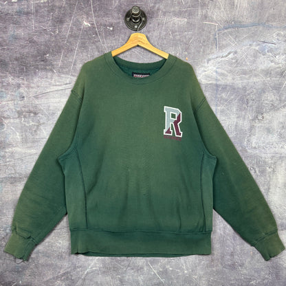 90s Faded Green Roanoke College Reverse Weave Graphic Crewneck Sweatshirt L 0082