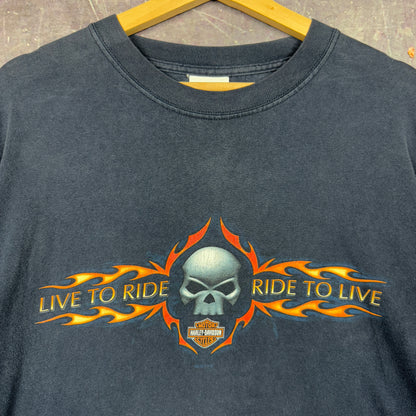 Early 00s Navy Blue Harley Davidson Live To Ride Ride To Live Skull Flame Sleeve Graphic Shirt XL 1162