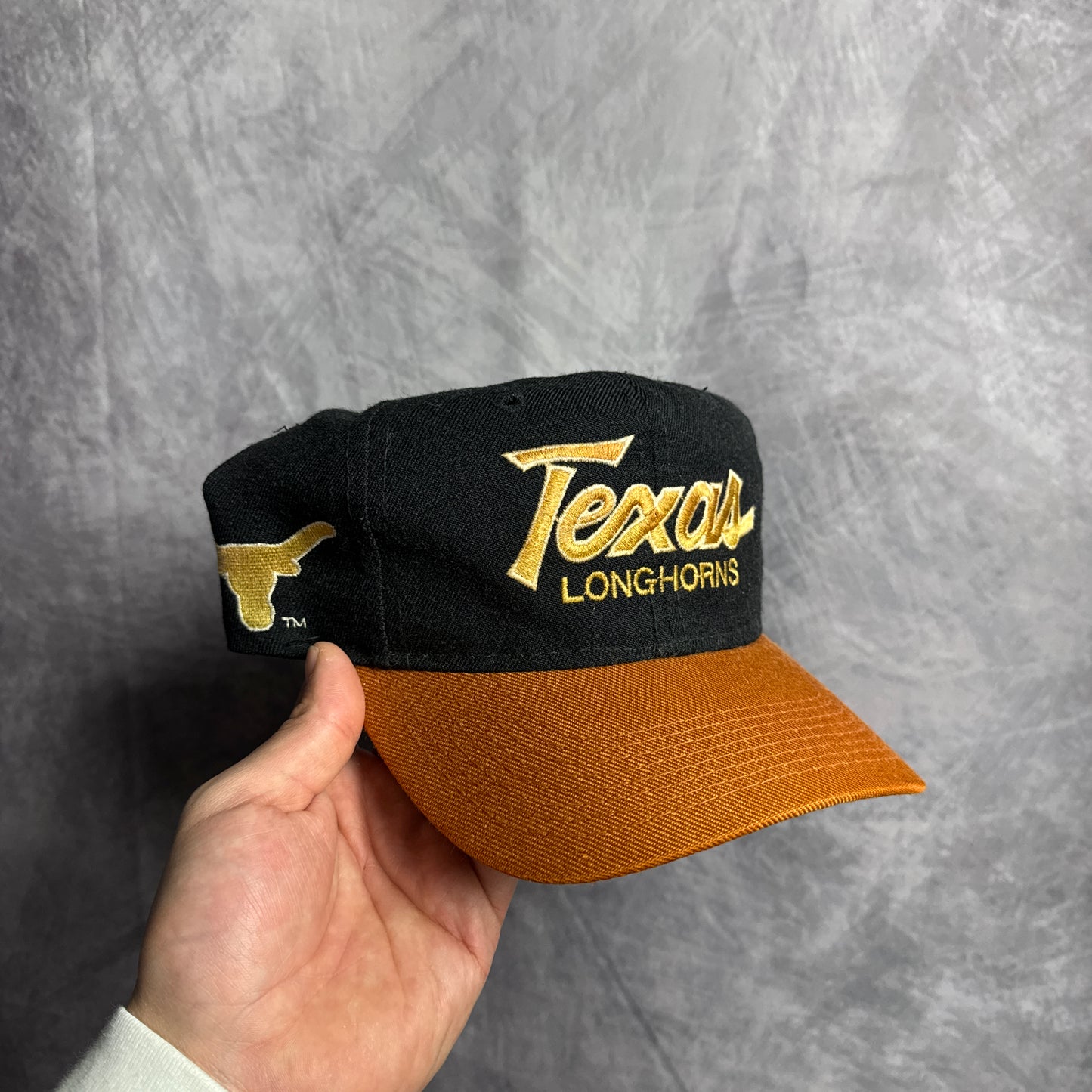 90s Texas Longhorns Sports Specialties Double Line Script Snapback Hat 4634