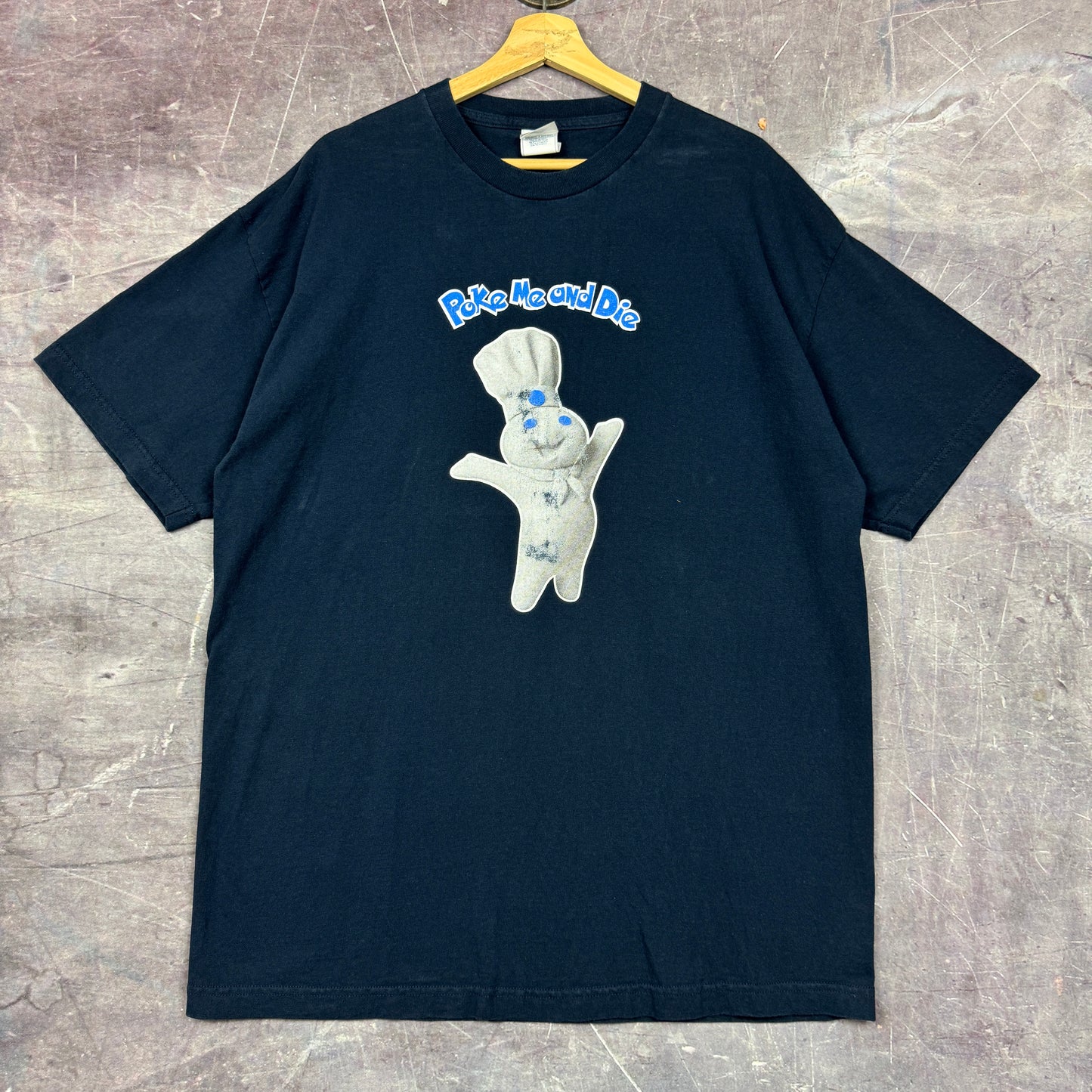 Early 00s Navy Blue Poke Me and Die Pilsbury Doughboy Graphic Shirt XL 0825