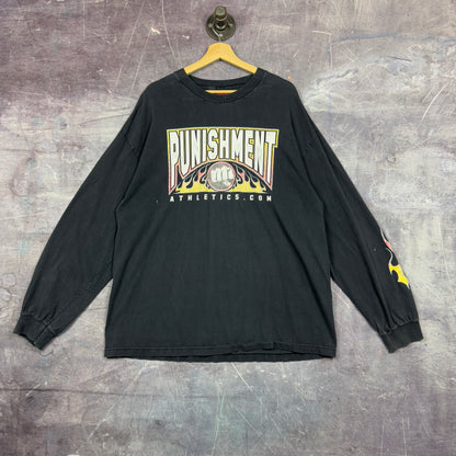 Early 00s Faded Black Punishment Athletics Flame Sleeve Long Sleeve Graphic Shirt XL 1140