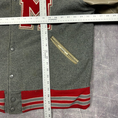 80s Gray Red Tan M Indian Head Letterman Varsity Jacket XL X35