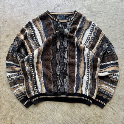 90s Mocha Brown Blue Earth Tone 3D Knit Coogi Style Florence Tricot Sweater 0609