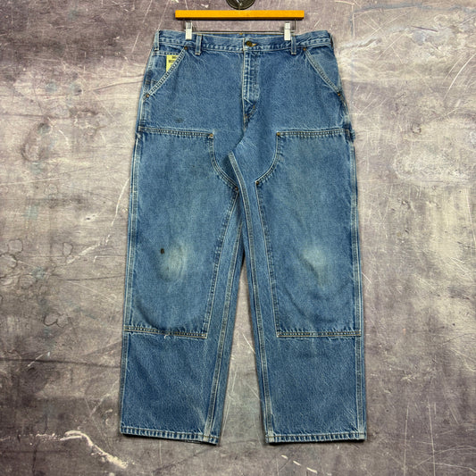 90s Lightwash Denim Double Knee Carhartt Baggy Carpenter Work Jeans 37x29.5 BD85