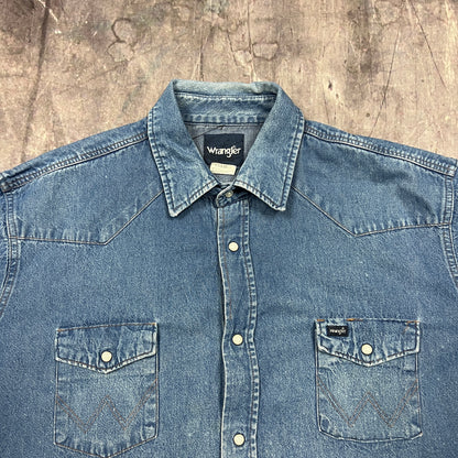 90s Light Wash Wrangler Pearl Snap Denim Shirt XXL AM46