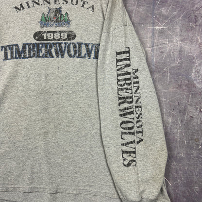 90s Light Gray Minnestota Timberwolves Graphic Long Sleeve Shirt XXL 1038