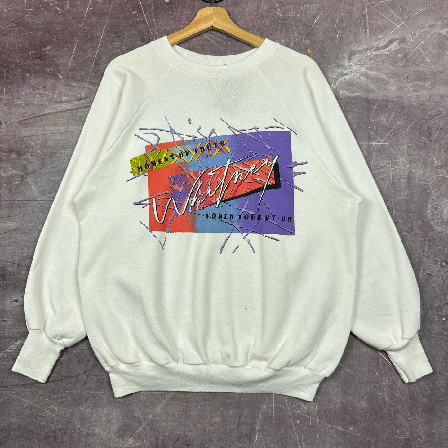 1987 White Whitney Houston Moment of Truth World Tour Graphic Crewneck Sweatshirt L 2916